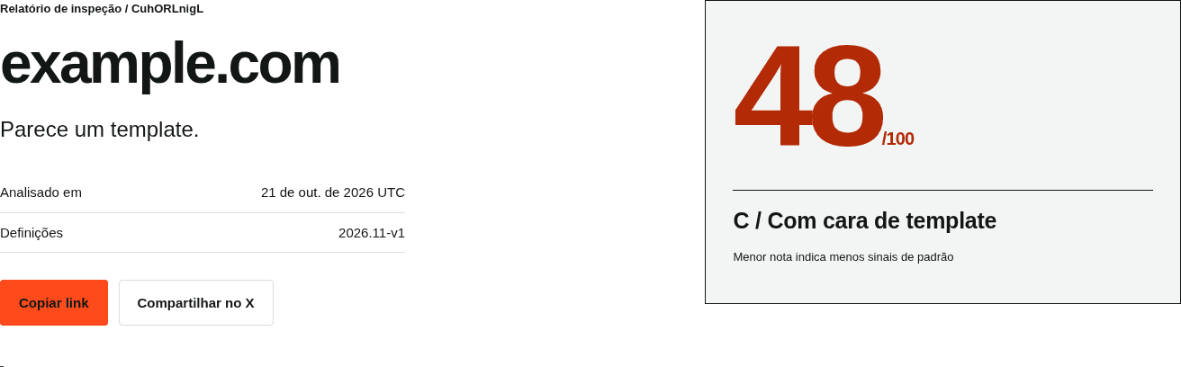 Relatório Sitesmaxxing: example.com recebeu nota 48 de 100, faixa C.